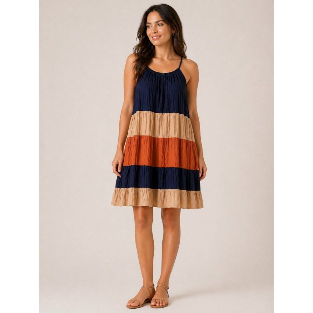 Womens M Colorblock Knee Length Dress Tiered Boho Coastal Resort Sleeveless